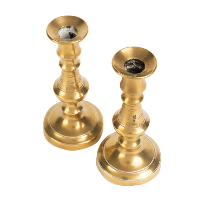 English Pair of Miniature Georgian Cast Brass Taper Sticks, 1820 For Sale - Image 3 of 7