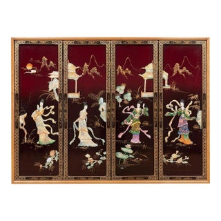 Vintage Chinoiserie Red & Black Lacquer Wall Panels With Iridescent Mother-of-Pearl Inlay - Set of 4 For Sale