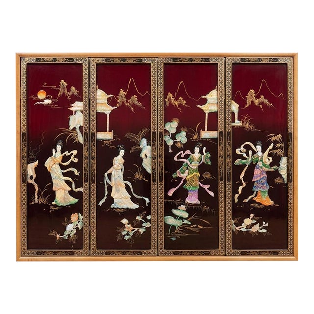 Vintage Chinoiserie Red & Black Lacquer Wall Panels With Iridescent Mother-of-Pearl Inlay - Set of 4 For Sale