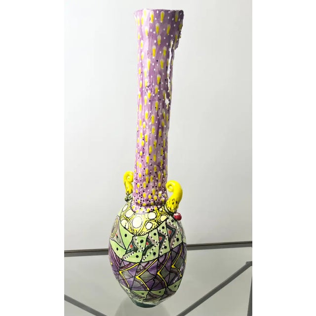 Abstract Studio Multi-Color Hand Painted Ceramic Vase Signed & Dated 1999 For Sale - Image 9 of 17
