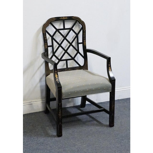 Kindel Furniture Kindel Furniture Black & Gold Chinese Chippendale Style Lattice Back Dining Arm Chair For Sale - Image 4 of 10