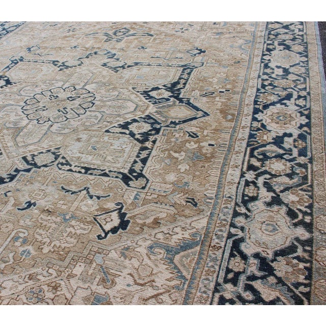 Textile Antique Persian Heriz Rug With Geometric Medallion Design in Taupe, Blue-Gray For Sale - Image 7 of 13