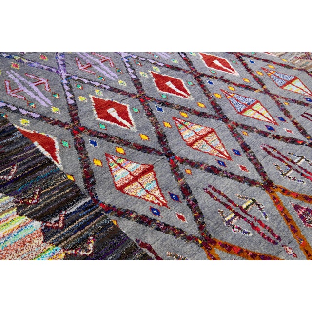 Modern Moroccan Style Gray Handmade Wool Rug With Multicolor Tribal Design For Sale - Image 10 of 11