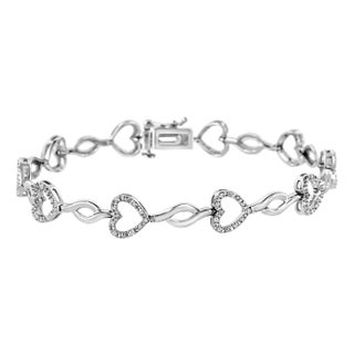 .925 Sterling Silver 1/4 Cttw Round-Cut Diamond Alternating Heart and Leaf Link Bracelet - Size 7.25" For Sale