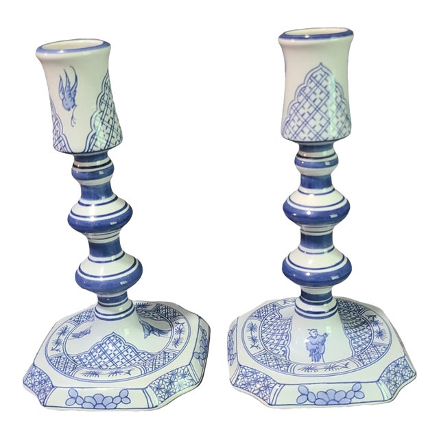 Vintage Pair of Delft Royal Goedewoagen Blue & White Candlesticks Holland For Sale