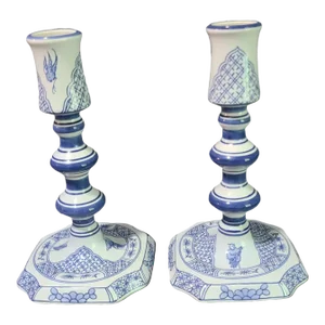 Vintage Pair of Delft Royal Goedewoagen Blue & White Candlesticks Holland