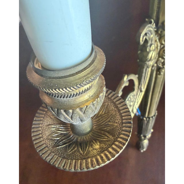 Sconces Beautiful Vintage Neoclassic Brass / Bronze Dore’ With Torch Motif. Wired (Pair). For Sale - Image 4 of 8