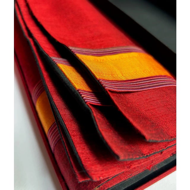 Late 20th C. Boxed Set of 4 Walai Crimson & Orange Stripe Silk Placemats & Napkins For Sale - Image 11 of 18