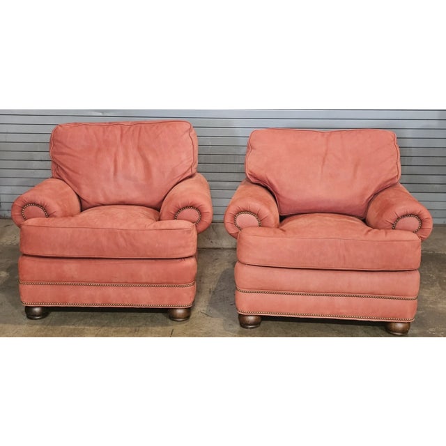 Store Item: Pair HANCOCK & MOORE Red Suede Leather Armchairs Club Chairs Nailhead Trim Description: Chairs feature a...