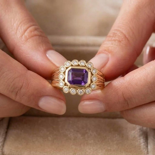 Contemporary Art Deco Amethyst Cocktail Ring | Chunky 18k Gold Plated Band Ring | Vintage Style February Birthstone Ring Us 7 For Sale - Image 3 of 4