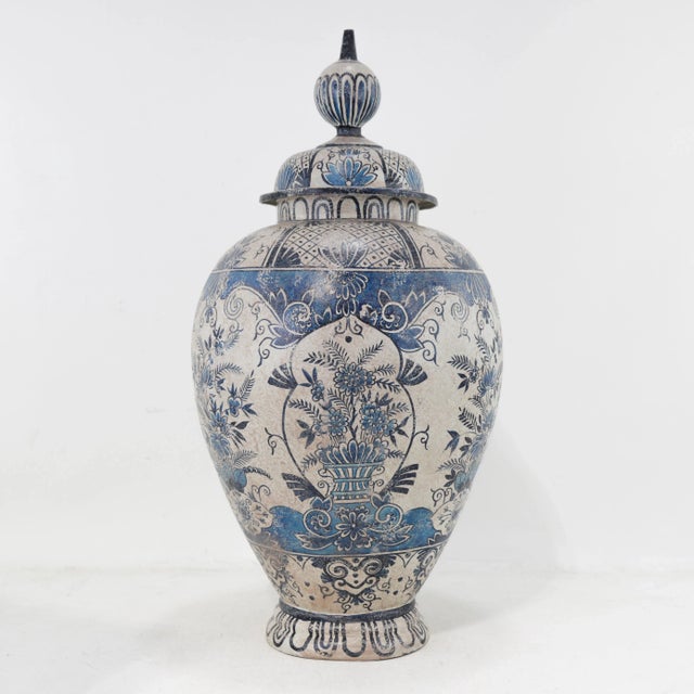 Chinese Vintage Hand-Painted Blue & White Tole Ginger Jar With Floral Motifs – Lidded Decorative Vase For Sale - Image 3 of 11