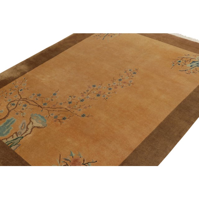 Rug & Kilim 1920s Antique Chinese Art Deco Rug in Gold, Beige-Brown & Blue Floral Patterns For Sale - Image 4 of 7