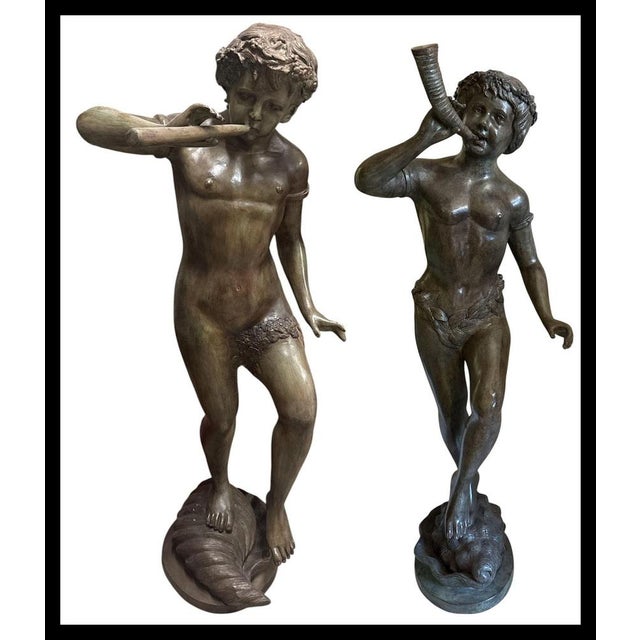 Pair of Bronze Sculptures "Faun" and "Urban Scugnizzo" 20th Century H. 127cm This patinated bronze sculpture depicts a...