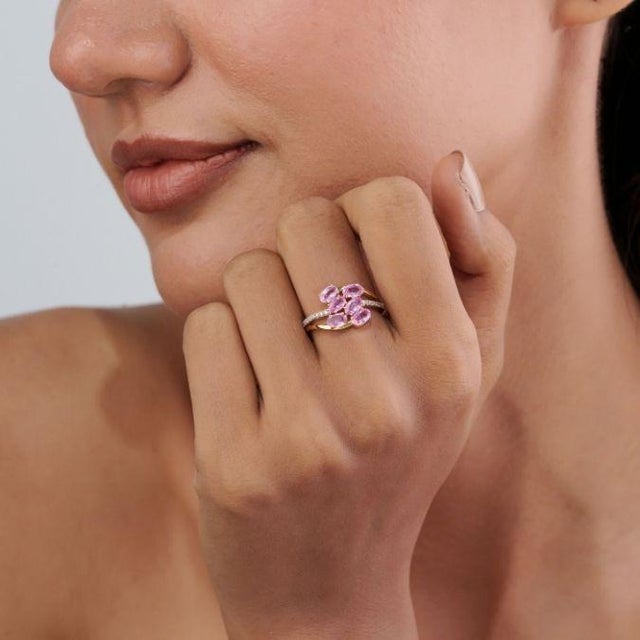 Pink Art Nouveau 14k Yellow Gold 1.66ct Pink Sapphire & Diamond Cluster Bypass Ring Size 6 For Sale - Image 8 of 16