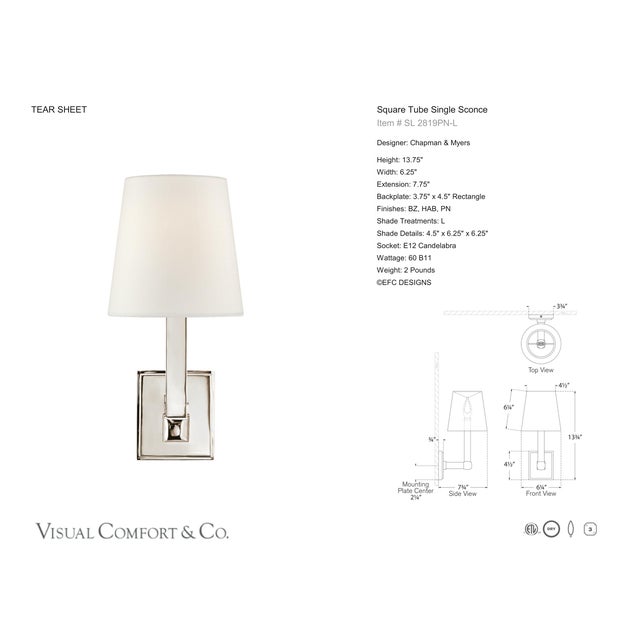 Modern Chapman & Myers for Visual Comfort Signature Square Tube Single Sconce in Polished Nickel with Linen Shade For Sale - Image 3 of 5