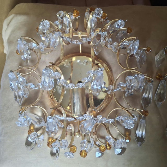 Luxe 1950's Hollywood Regency 24k Plate Frame Austrian Crystal 1/2 Orb Wall Sconces Attributed to Palwa a - Pair For Sale - Image 14 of 17