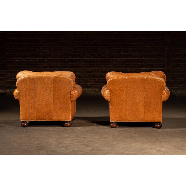 Late 20th Century Pair of Rolled Arm Leather Club-Style Armchairs in Camel For Sale - Image 4 of 12