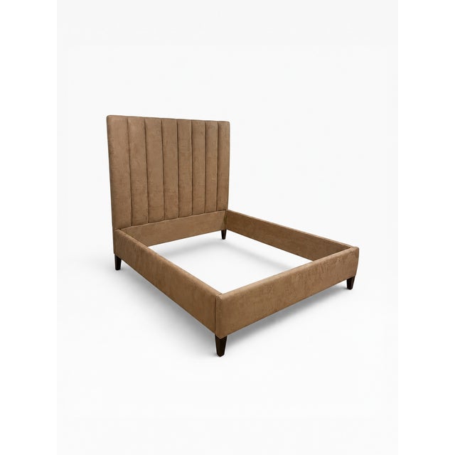 Custom Microsuede Queen Bed Frame With Channel-Tufted Headboard For Sale - Image 4 of 9