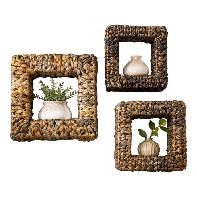 Vintage Woven Natural Fiber Square Wall Shelves, Set of 3 For Sale