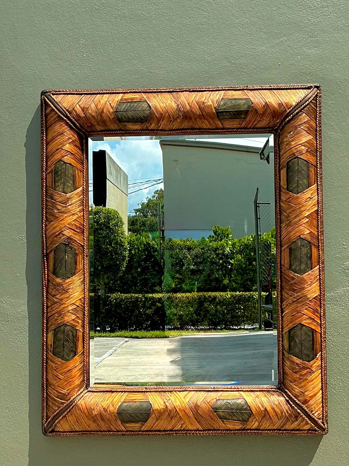 Vintage Wrapped Rattan Brass Leaf Mirror - Detail view