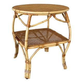 Vintage Coastal Rattan & Cane Two-Tier Side Table For Sale