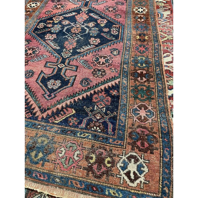 Persian Tribal Rug with COPPER Border, Pinks, Deep Blues & Salmon 3.3 x 5.8 For Sale - Image 3 of 11