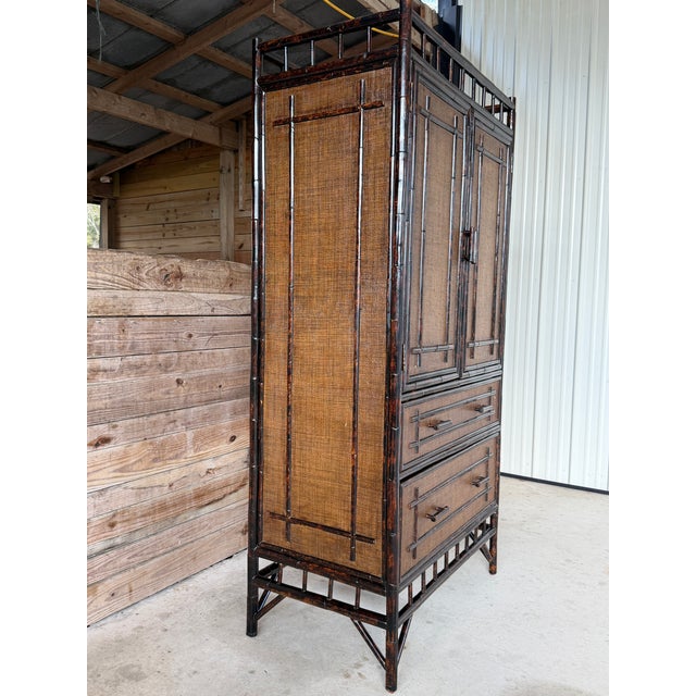 1990s Vintage British Colonial Faux Bamboo and Grasscloth Armoire Cabinet With Drawers For Sale - Image 5 of 12