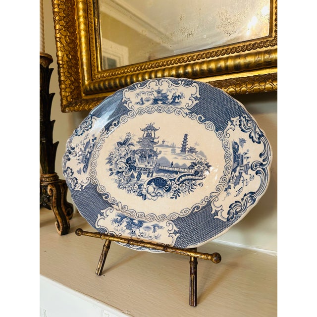 English Vintage Transferware Platter, Blue and White For Sale - Image 3 of 6