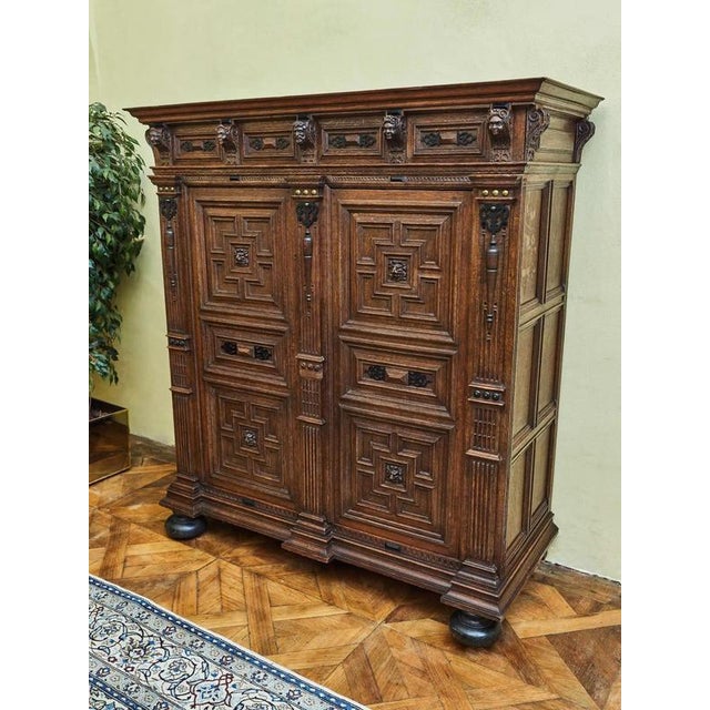 Flemish Renaissance Oak Cabinet with Carvings For Sale - Image 4 of 12