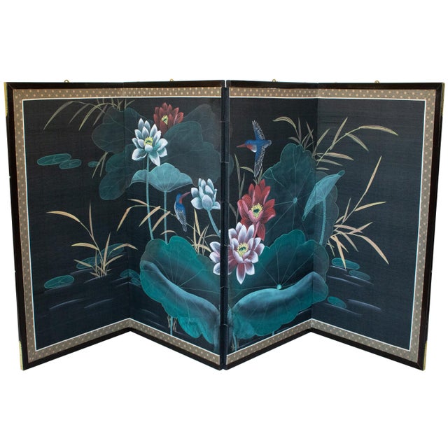 1970s Chinoiserie Painted Silk Screen "Hummingbirds and Lotus" For Sale - Image 17 of 18