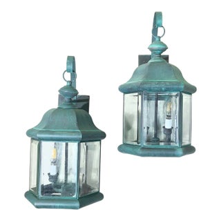 Pair of Solid Brass Outdoor Wall Lantern Sconces – Vintage Aged Verdigris For Sale
