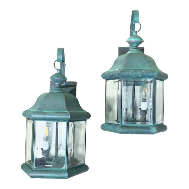 Pair of Solid Brass Outdoor Wall Lantern Sconces – Vintage Aged Verdigris For Sale