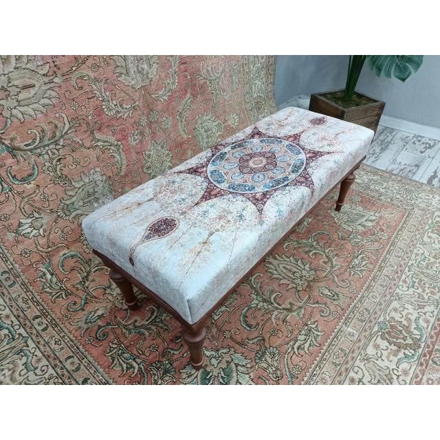 Handmade Printed Rug Fabric Upholstered Ottoman Bench For Sale - Image 4 of 9
