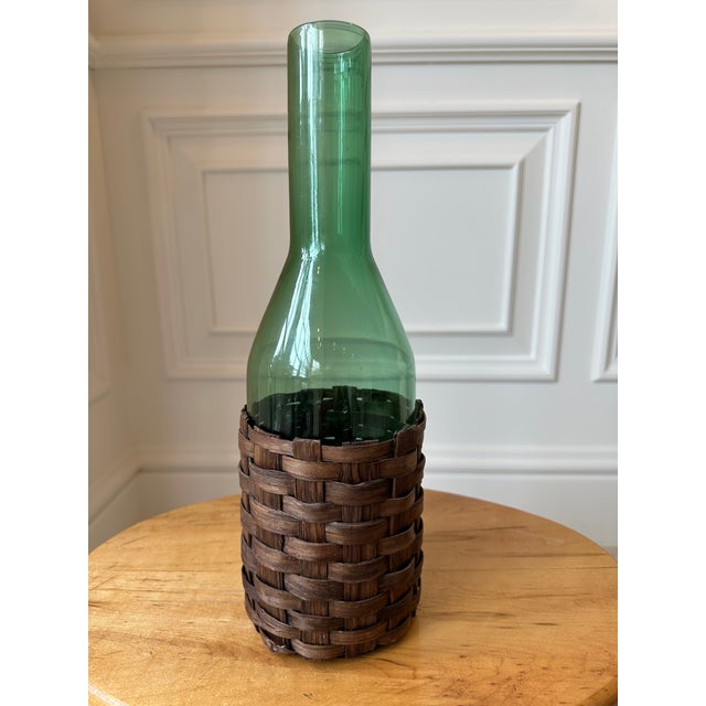 Mid-Century Modern Vintage 13.5” Mid-Century Italian Emerald Green Glass Carafe With Fitted Woven Sleeve For Sale - Image 3 of 15