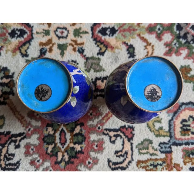 Mid 20th Century Vintage Signed Zi Jin Cheng Chinese Cloisonne Enamel Brass Vases in Dark Blue Floral - A Pair For Sale - Image 5 of 7