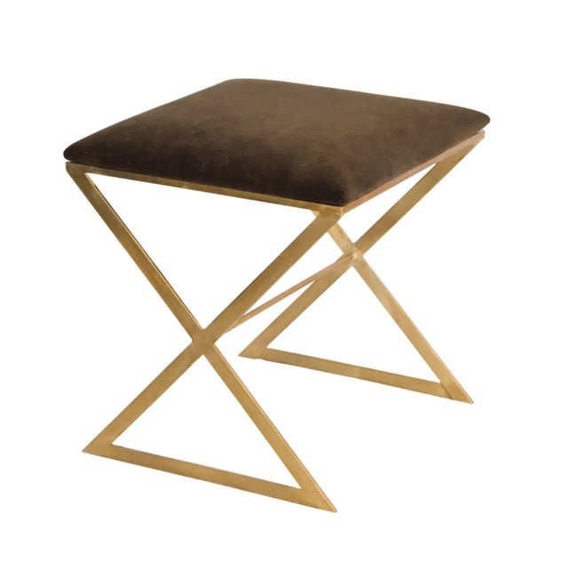 Contemporary Matthew Izzo Home - X Side Stool in Brown Velvet Upholstery and Gold Leaf Base For Sale - Image 3 of 3
