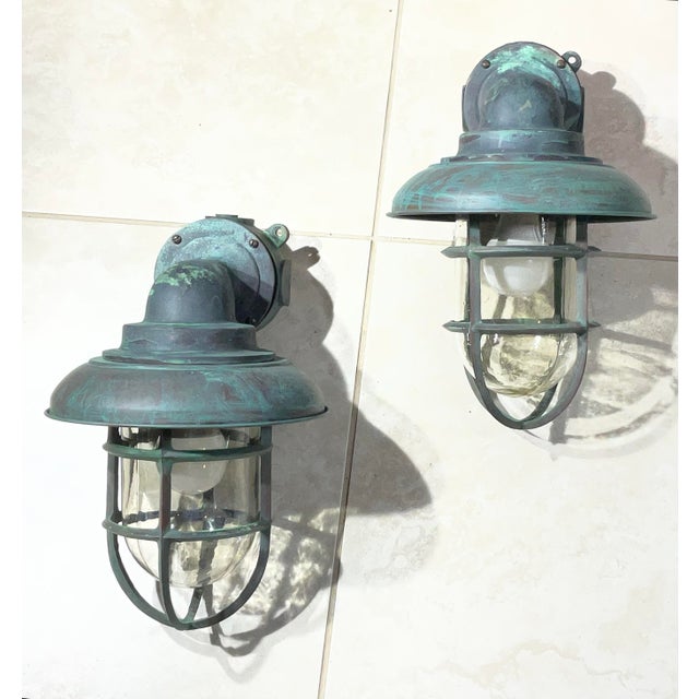 Vintage Maritime Solid Copper & Brass Sconces Size 14” High X 9” Wide X 10” Deep For Sale - Image 14 of 17