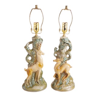 Mid 20th Century Deer Ceramic Lamps With Majolica Style Glaze - a Pair For Sale