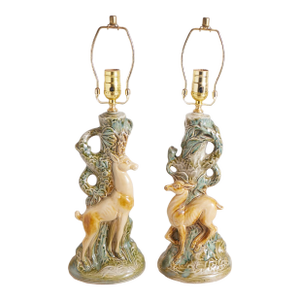 Mid 20th Century Deer Ceramic Lamps With Majolica Style Glaze - a Pair