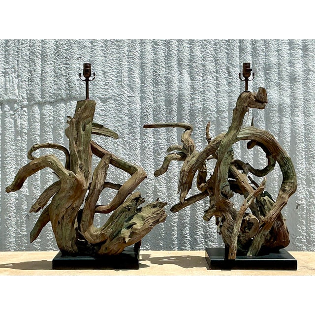Late 20th Century Vintage Boho Monumental Driftwood Lamps - A Pair For Sale - Image 5 of 9