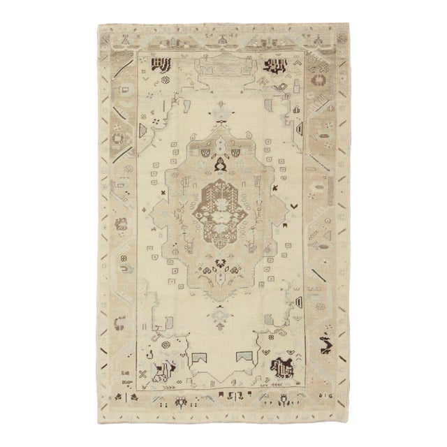 Vintage Turkish Oushak Rug in Soft Cream With Faded Taupe and Subtle Sky Blue For Sale