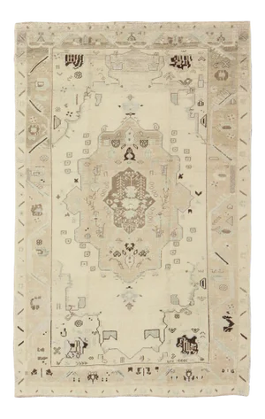 Vintage Turkish Oushak Rug in Soft Cream With Faded Taupe and Subtle Sky Blue