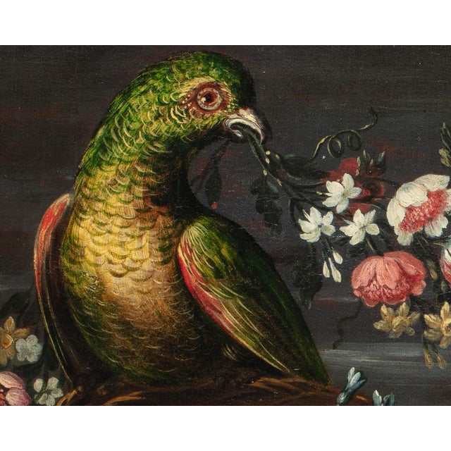 17th-century Roman Maestro Title: Still life with parrot, fruit, flowers and metal jug on a cloth Medium: Oil on canvas...