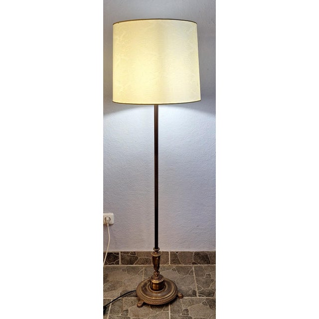 Goldenrod Vintage Floor Lamp with Brass Frame and White Patterned Fabric Shade, 1950s For Sale - Image 8 of 8