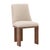 Modern classic three leg wood frame dining chair with sand toned boucle upholstery and brown wood tones. Each may vary...