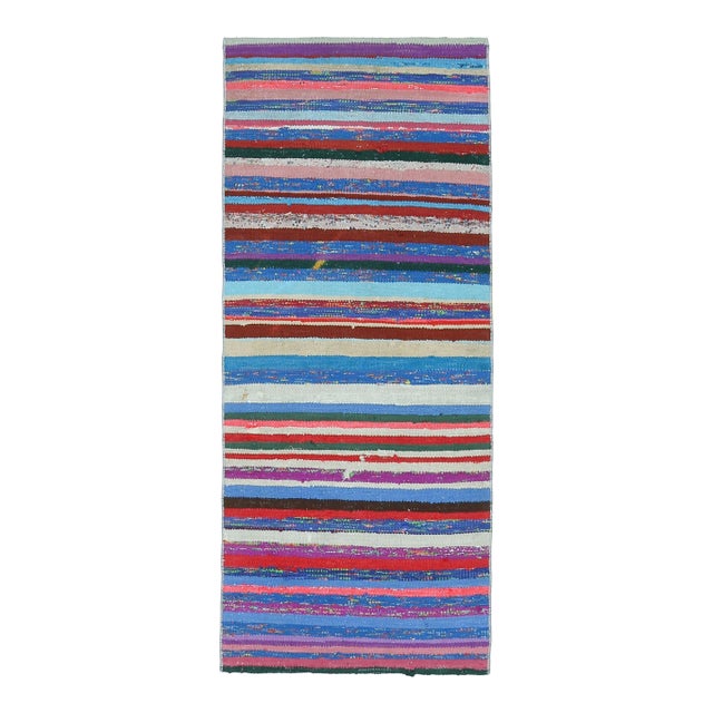 Vintage Turkish Hand-Knotted Wool Cotton Blue Kilim Runner Rug For Sale