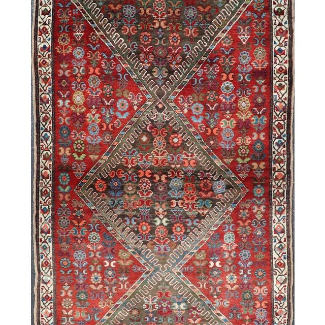 Tribal Antique Caucasian Karabagh Runner With Bold Diamond Medallion on Rich Red Field 3'9 X 8'9 For Sale - Image 3 of 13