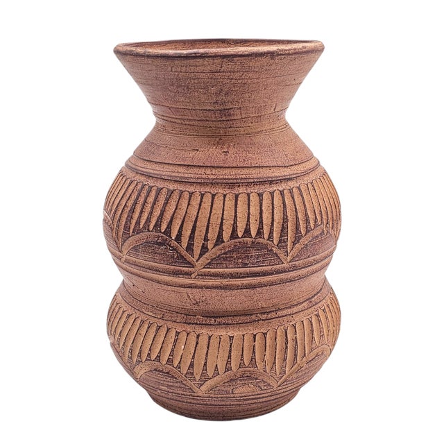 Rustic Tribal Style Terra Cotta Gourd Vase With Hand-Etched Geometric Motif For Sale - Image 3 of 7