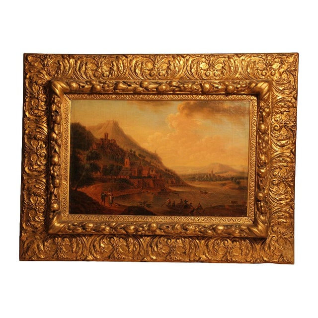 Romantic Rhine Landscape with Figures, 1800s, Oil on Canvas, Framed For Sale - Image 11 of 11