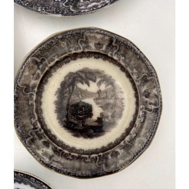 Mid 19th Century Antique P. W. & Co. Black Mulberry Ware Plates, “Washington’s Vase” - Set of 8 For Sale - Image 5 of 13